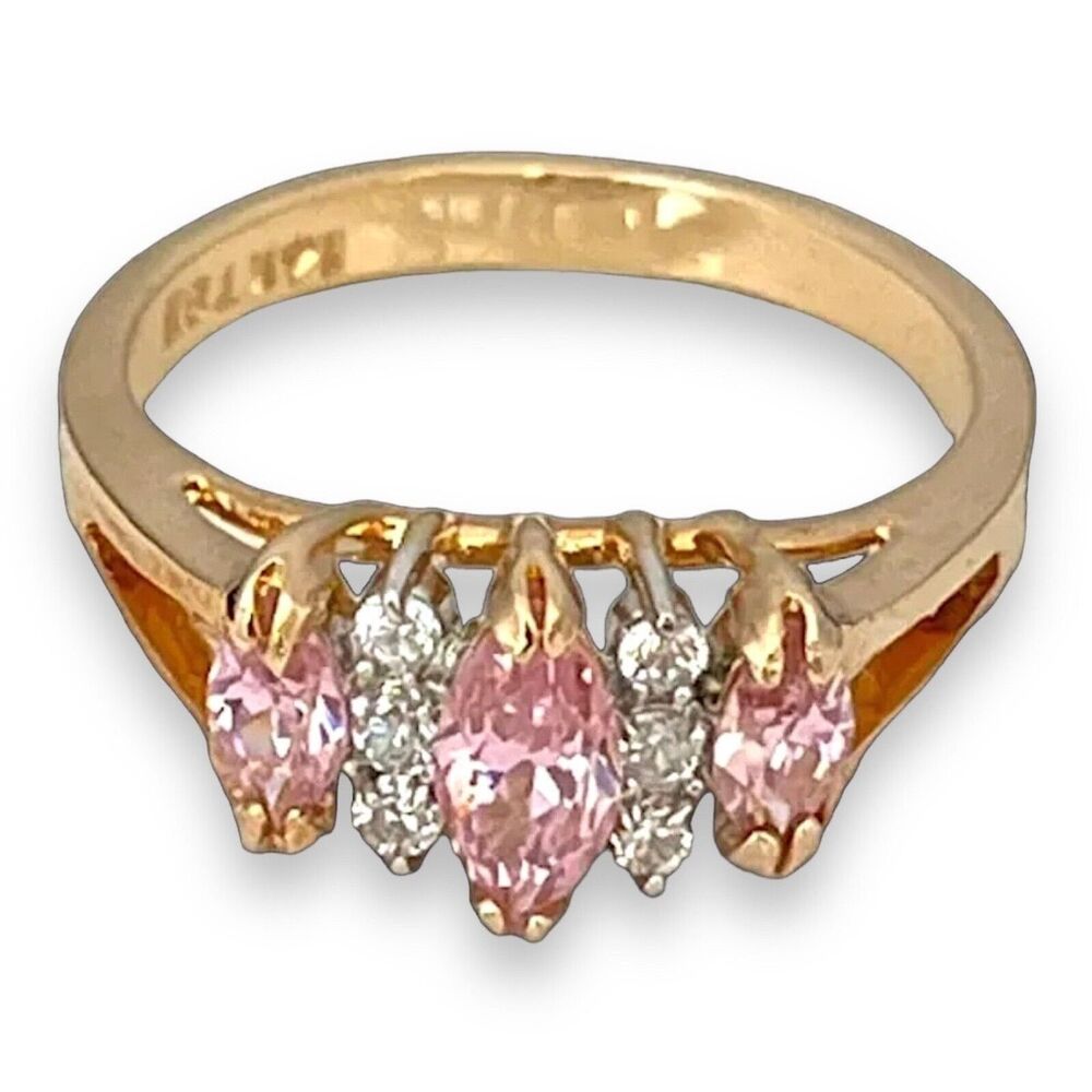 Vintage 1980s Pink CZ Cocktail Ring Size 9 14KTGE Gold Plate - 14D